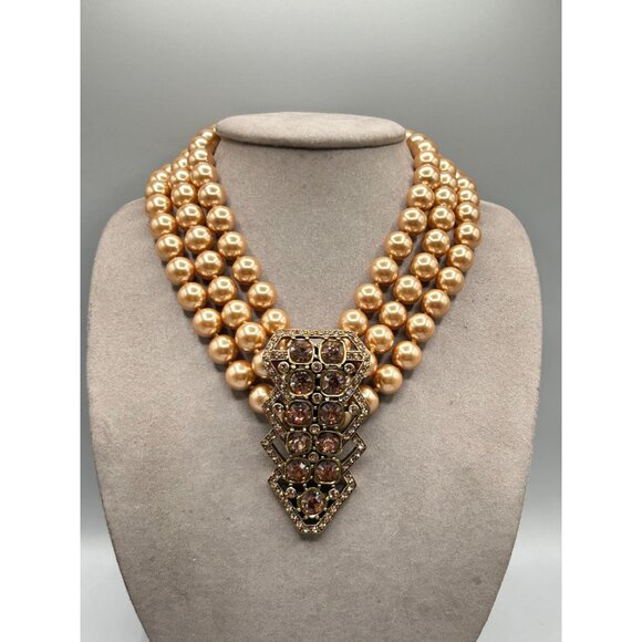 Heidi Daus Champagne Pearls Triple Strand Necklace Large Crystals Pave Pendant - Picture 3 of 8